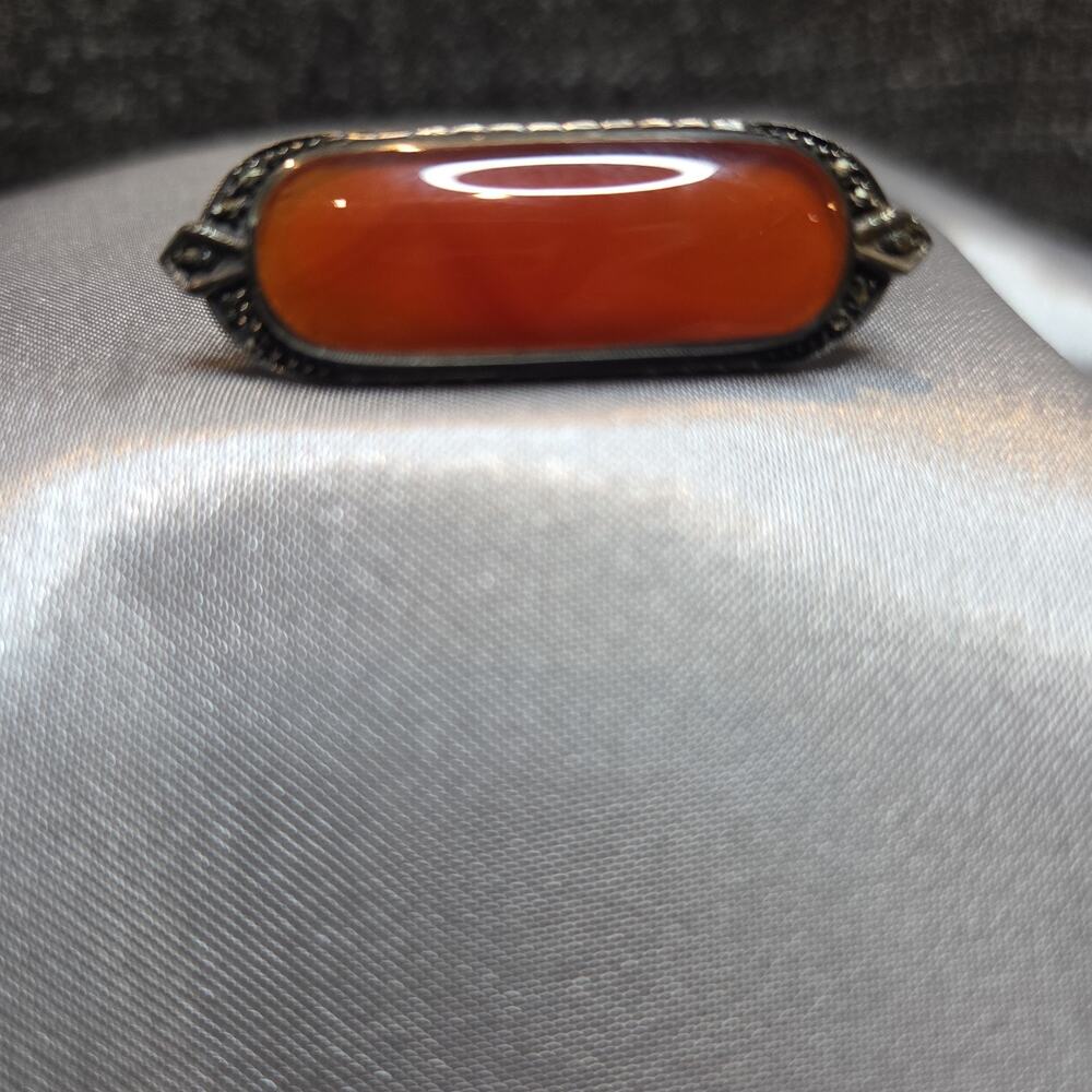 Vintage Mid-Centry Sterling Silver Carnelian Marcasite Art Deco Bar Brooch Pin